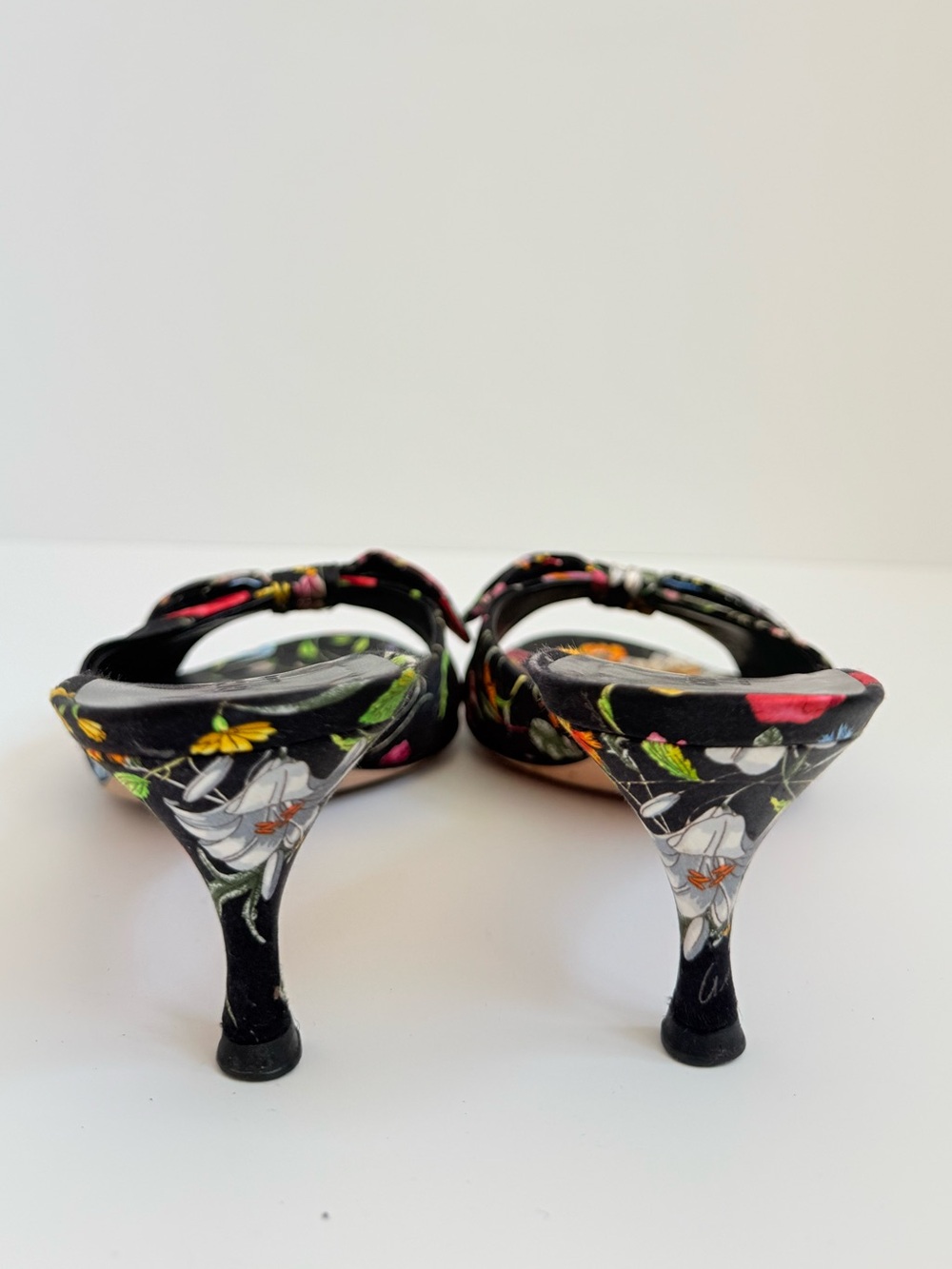 Gucci Flora Satin Bow Mule Heels Black Floral Sandals US 6 Vintage Y2K - Picture 6 of 11